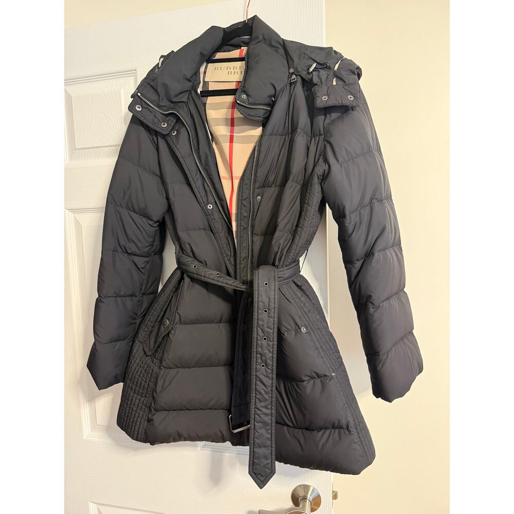 Burberry Vintage Womens Black Down Coat with Belt size XL
